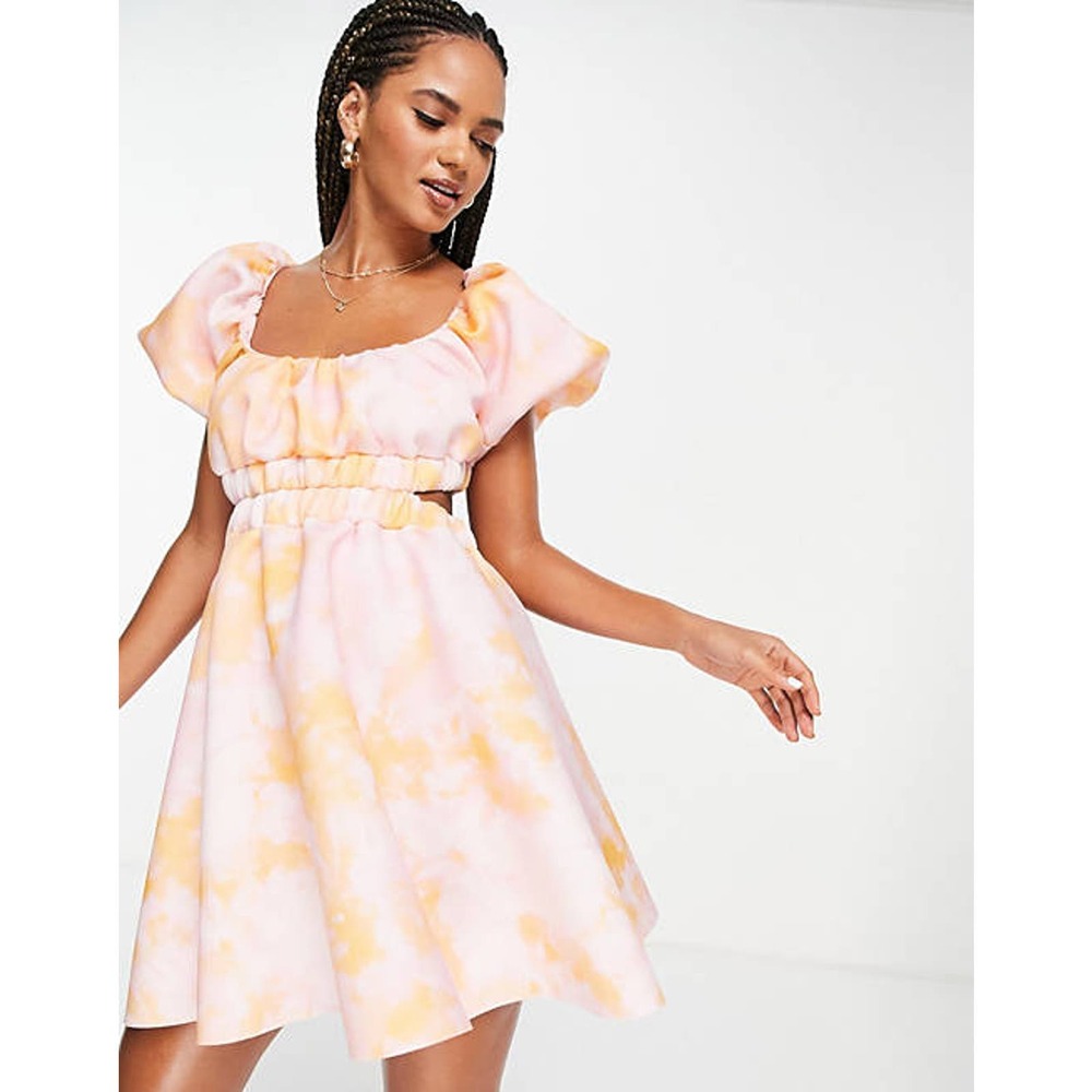 ASOS Pastel Pink and Yellow Tie-Dye Puff Sleeve Mini Dress